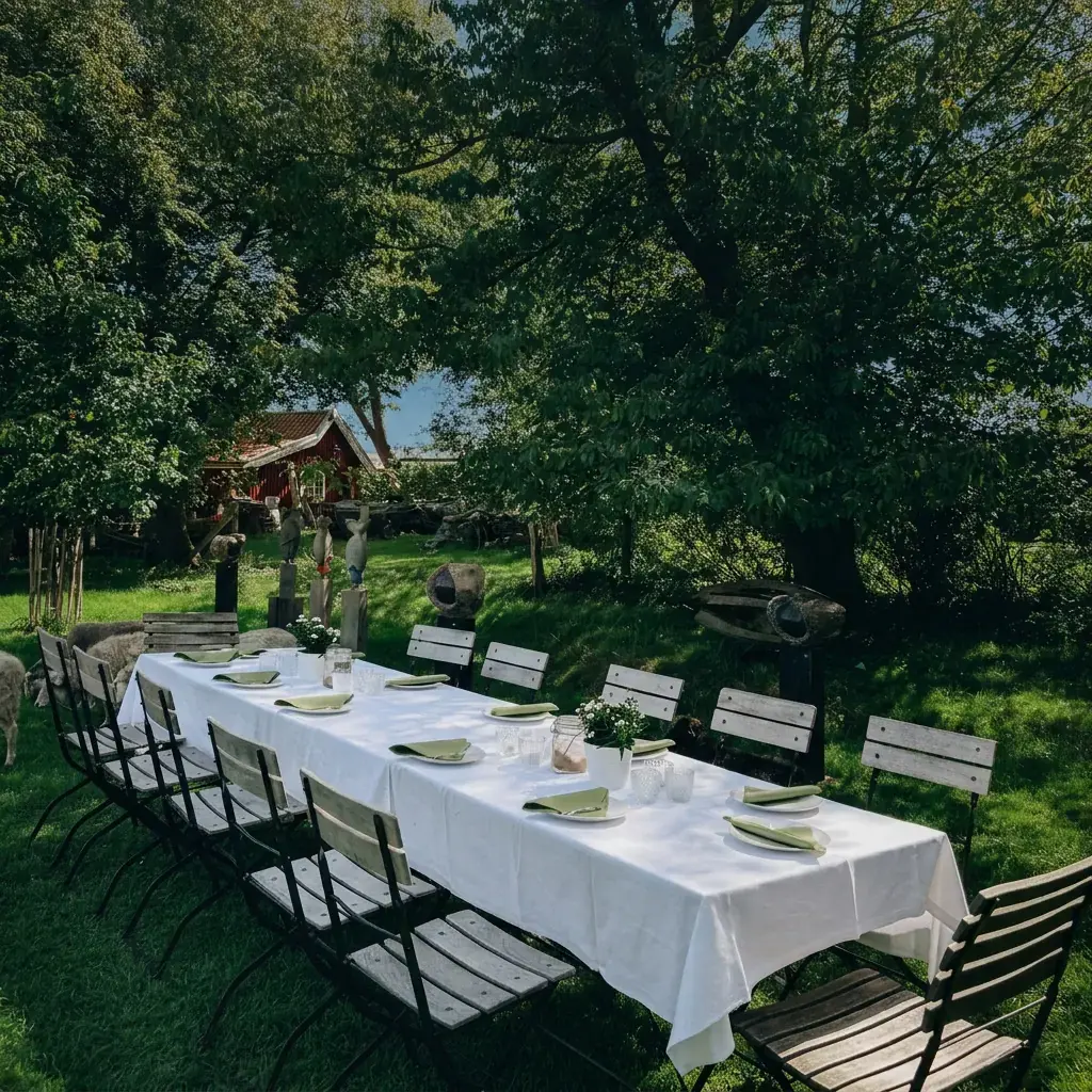 Festlich gedeckte lange Tafel im sonnigen Mühlengarten, im Hintergrund grasende Schafe