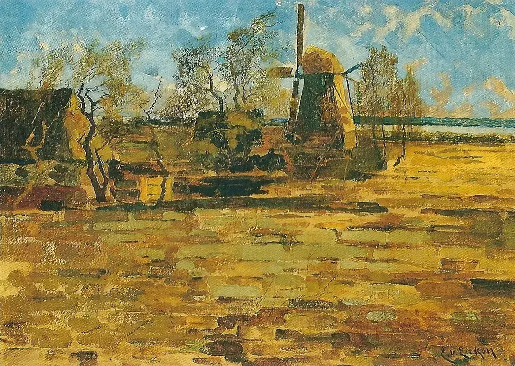 Gemälde der Windmühle von Ahrenshoop von E. von Eicken, Landschaft in warmen Ocker- und Gelbtönen