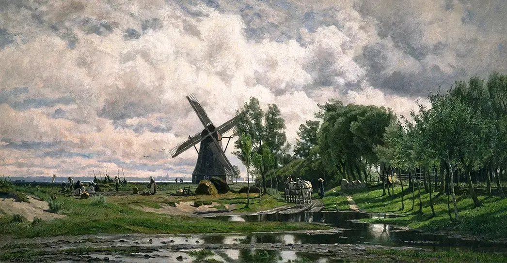 Boddenblick mit Mühle, Ölbild von Carl Malchin, 1893