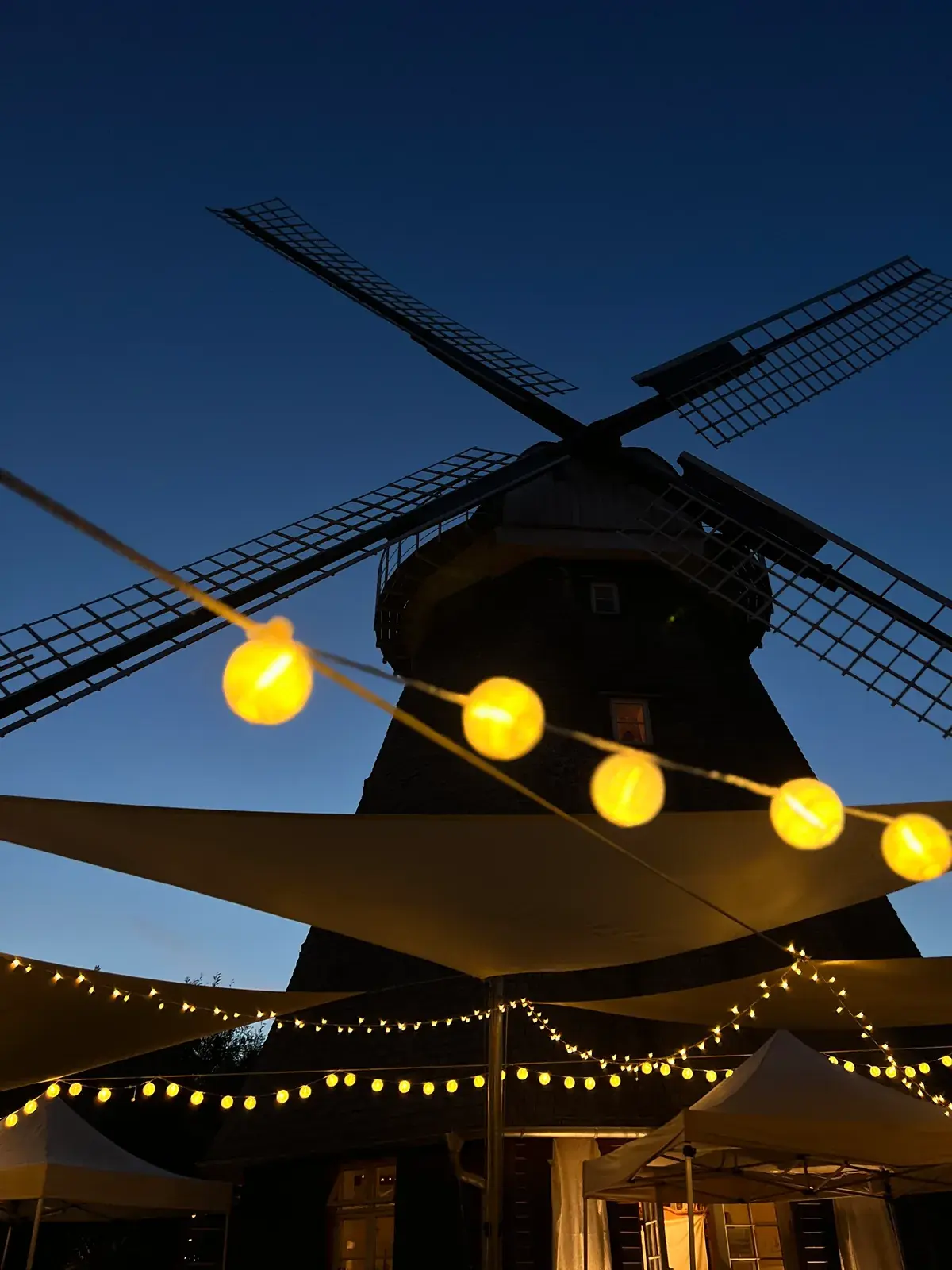 Silhouette der Mühle in der Abenddämmerung hinter warm leuchtenden Lichterketten