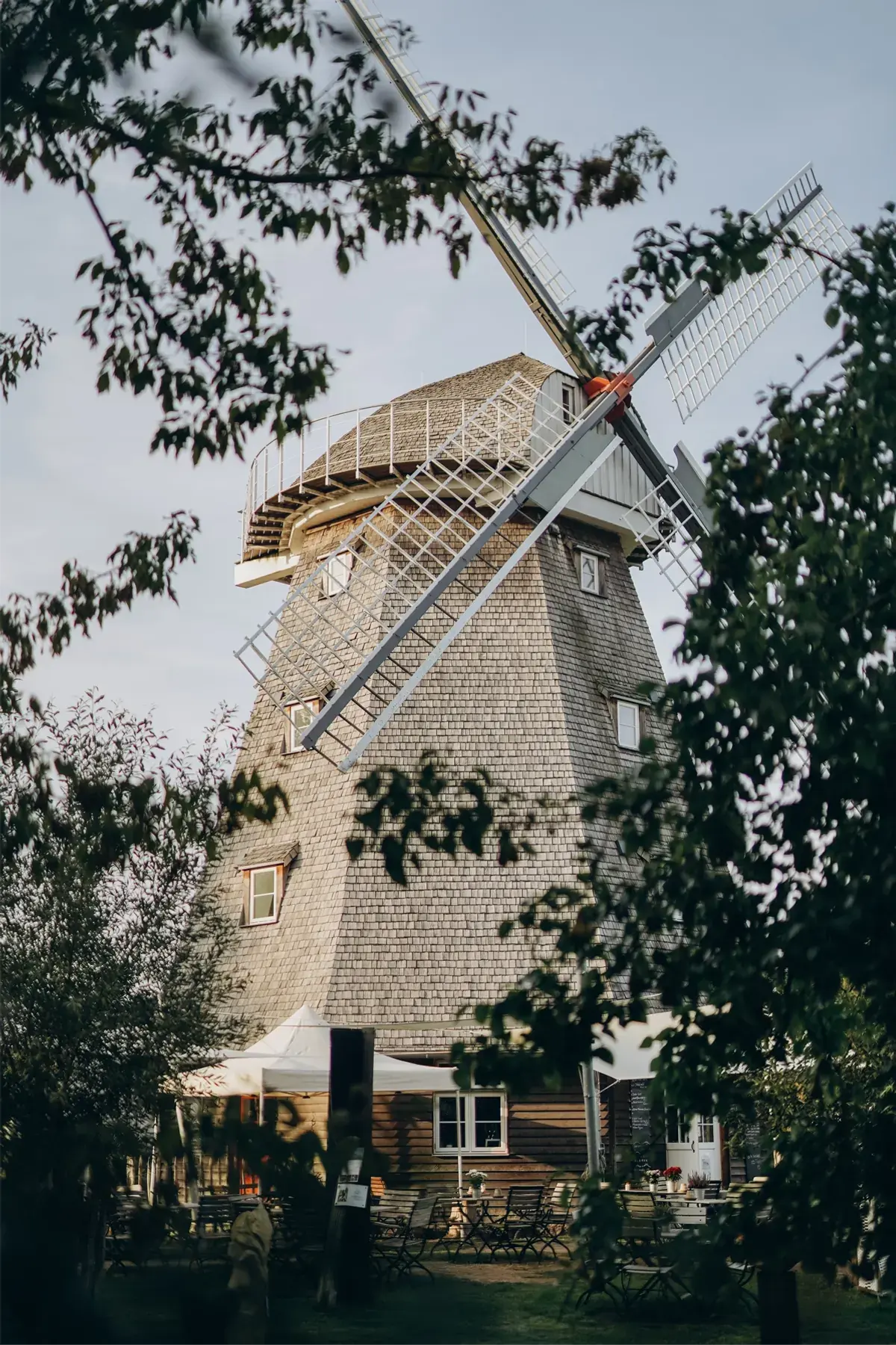 Die neue Mühle Ahrenshoop von 2016 zwischen Bäumen mit Gastgarten