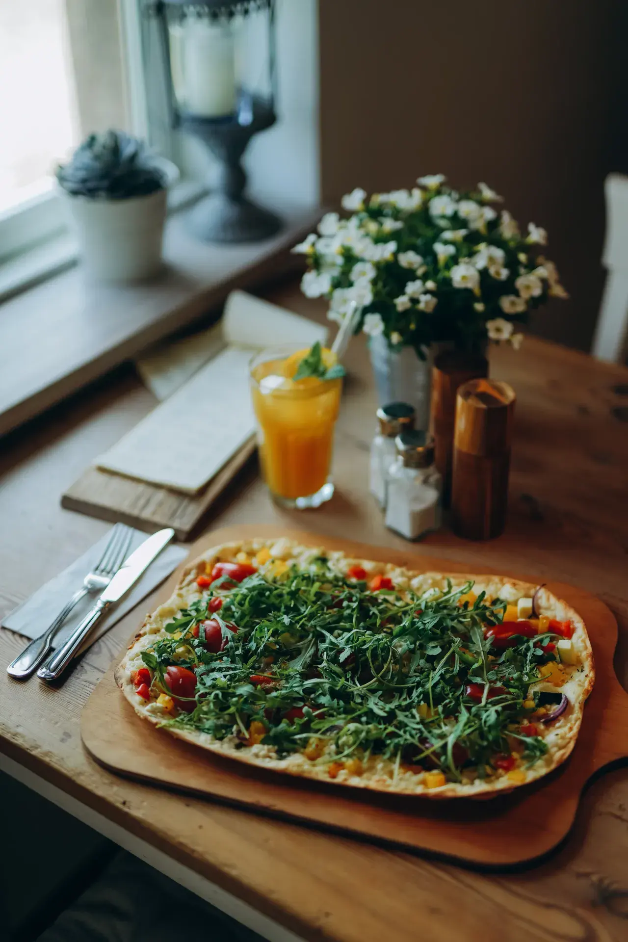 Vegetarischer Flammkuchen mit Rucola am gedeckten Tisch