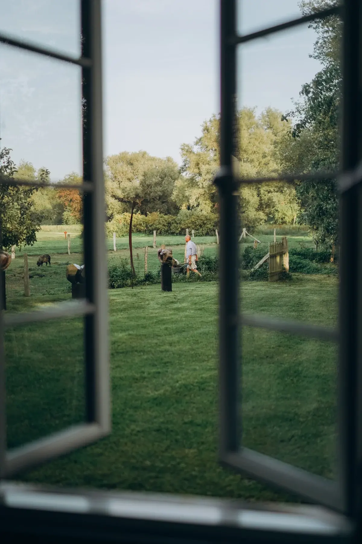 Blick durch ein offenes Fenster in den Garten
